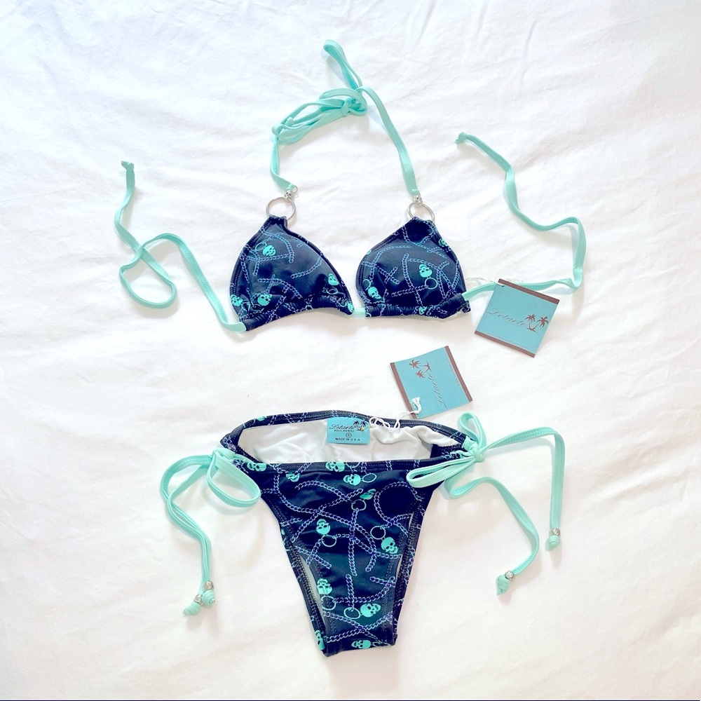 Letarte Navy and Aqua Print Triangle Bikini